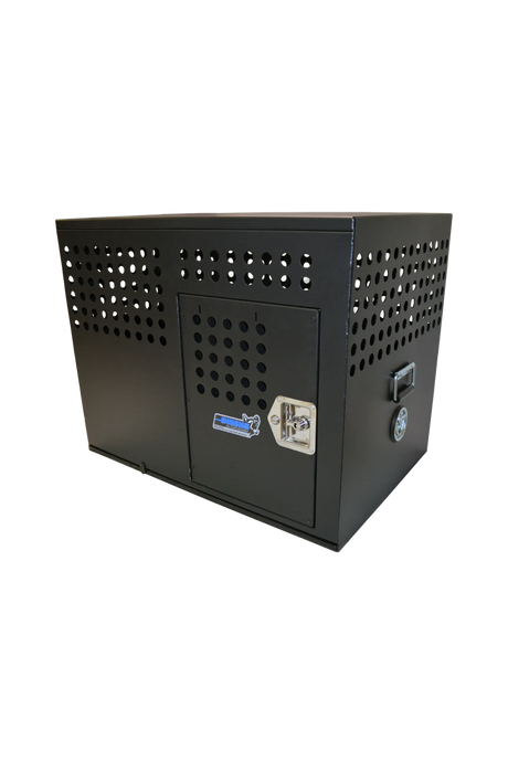 Dog Crate 55312 Professional K9 Series Large Tactical Single Compartment / Opposite Side Door / 36 W x 24 D x 29 H / Holes for Ventilation / Black / Mill Finish Aluminum / Owens Products Professional K9 Series Owens Products