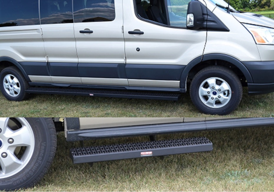 Running Boards Grip Strut Commercial 15-18 Ford Transit Van Short Driver/Long Passenger 148 Inch Aluminum Textured Black Owens Products