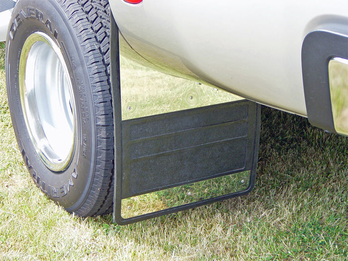 Classic Dually Rubber Mudflaps Stainless Steel Insert 88-00 CK Classic PU 19X24 88-00 Chevrolet/GMC CK Classic Pickup Long Bed Rubber/Stainless Steel Black Owens Products