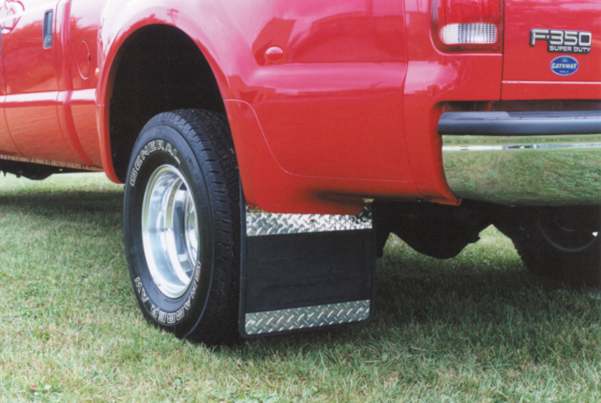 Classic Dually Rubber Mudflaps Diamond Tread Insert 19X25 99-10 F350 Super Duty Pickup Long Bed Rubber/Aluminum Black Owens Products