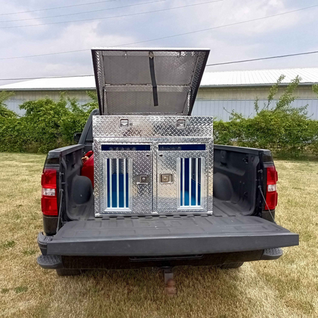 Dog Box 55107 Double Compartment Top Storage Dog Box / 38 W X 40 D X 25 H / All Season Vents / Diamond Tread Aluminum / Animal Control Dog Box / Owens Products Hunter Series Owens Products