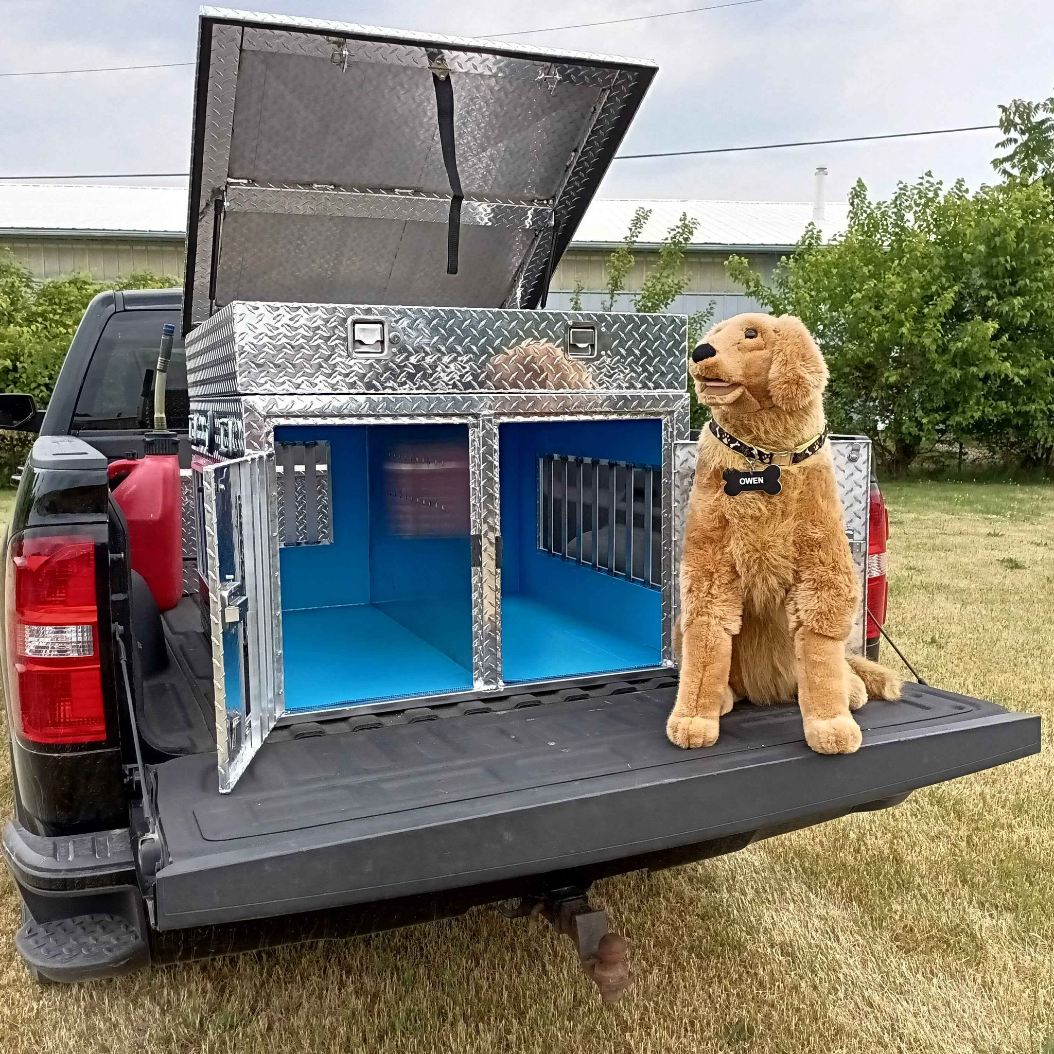 Dog Box 55107 Double Compartment Top Storage Dog Box / 38 W X 40 D X 25 H / All Season Vents / Diamond Tread Aluminum / Animal Control Dog Box / Owens Products Hunter Series Owens Products