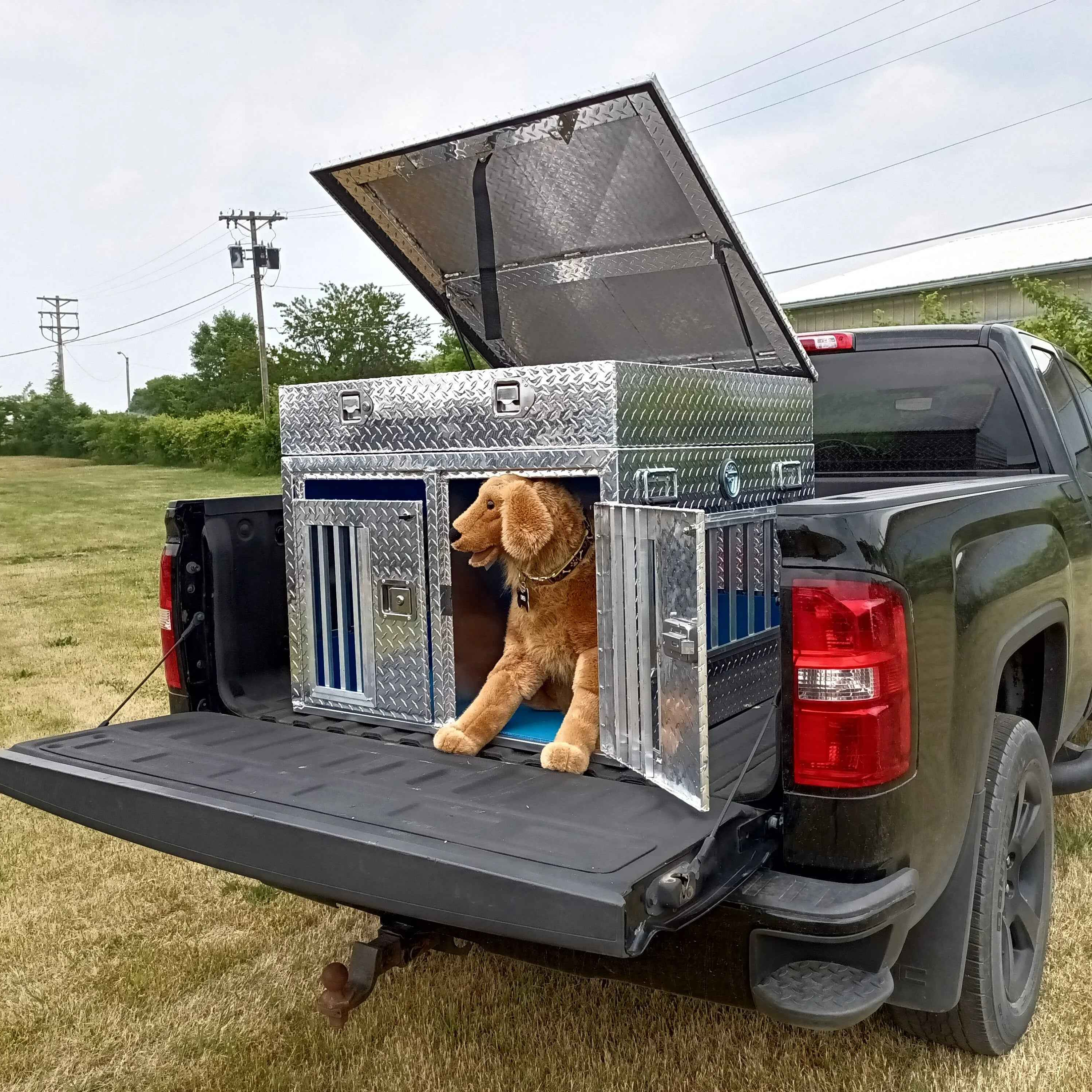 Dog Box 55107 Double Compartment Top Storage Dog Box / 38 W X 40 D X 25 H / All Season Vents / Diamond Tread Aluminum / Animal Control Dog Box / Owens Products Hunter Series Owens Products