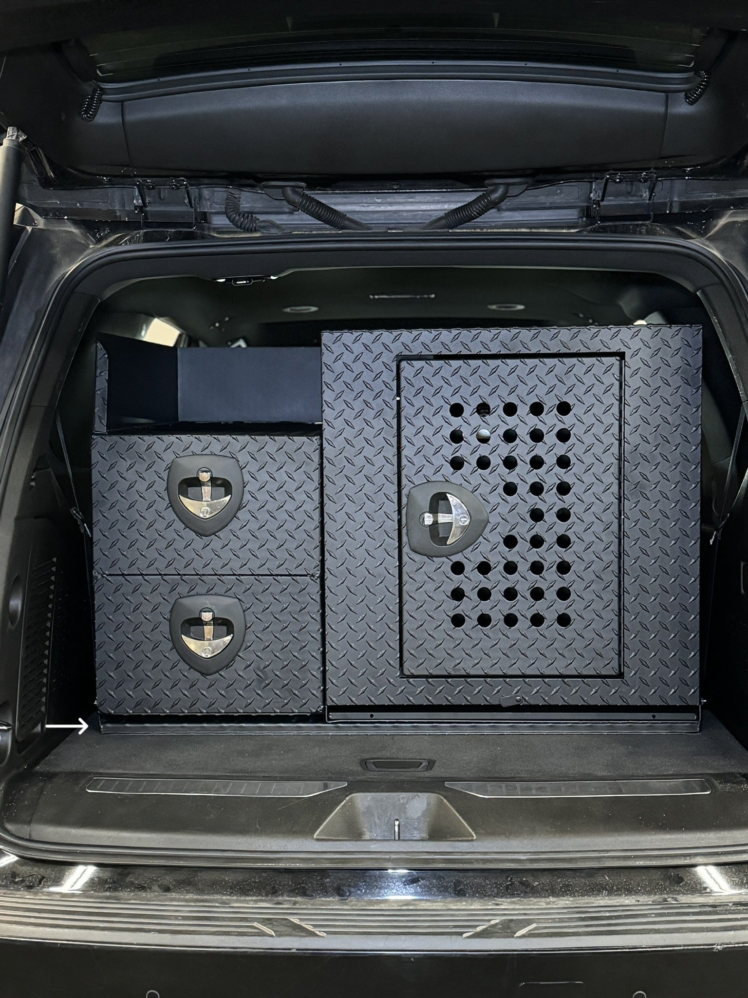 Dog Crate 55500 Professional K9 Series Rear Deployment Unit / Single Compartment / Side Drawer Storage / 45 W X 38 D X 31 H / Holes for Ventilation / Black / Diamond Tread Aluminum/ Owens Products