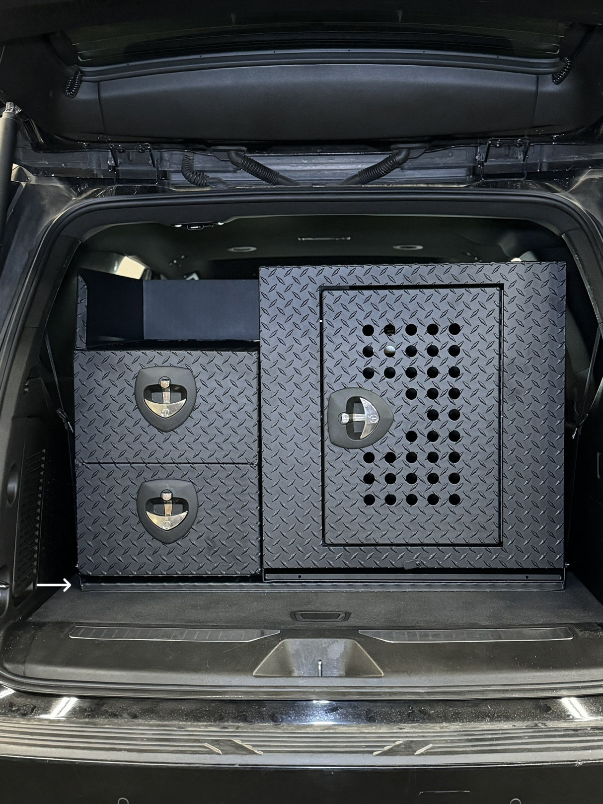 Dog Crate 55500 Professional K9 Series Rear Deployment Unit / Single Compartment / Side Drawer Storage / 45 W X 38 D X 31 H / Holes for Ventilation / Black / Diamond Tread Aluminum/ Owens Products