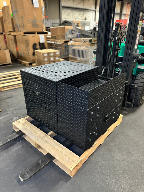 Dog Crate 55500 Professional K9 Series Rear Deployment Unit / Single Compartment / Side Drawer Storage / 45 W X 38 D X 31 H / Holes for Ventilation / Black / Diamond Tread Aluminum / Owens Products Professional K9 Series Owens Products