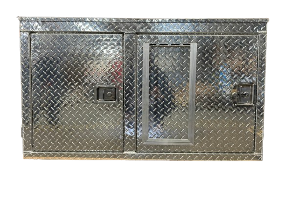 Dog Crate 55127 Professional K9 Series Search & Rescue / Single Compartment / Side Drawer Storage / 47 W X 45 D X 27 H / All Season Vents / Bright / Diamond Tread Aluminum / Owens Products Professional K9 Series Owens Products
