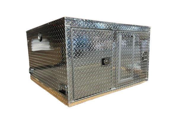 Dog Crate 55127 Professional K9 Series Search & Rescue / Single Compartment / Side Drawer Storage / 47 W X 45 D X 27 H / All Season Vents / Bright / Diamond Tread Aluminum / Owens Products Professional K9 Series Owens Products