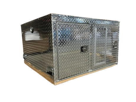Dog Crate 55127 Professional K9 Series Search & Rescue / Single Compartment / Side Drawer Storage / 47 W X 45 D X 27 H / All Season Vents / Bright / Diamond Tread Aluminum / Owens Products Professional K9 Series Owens Products