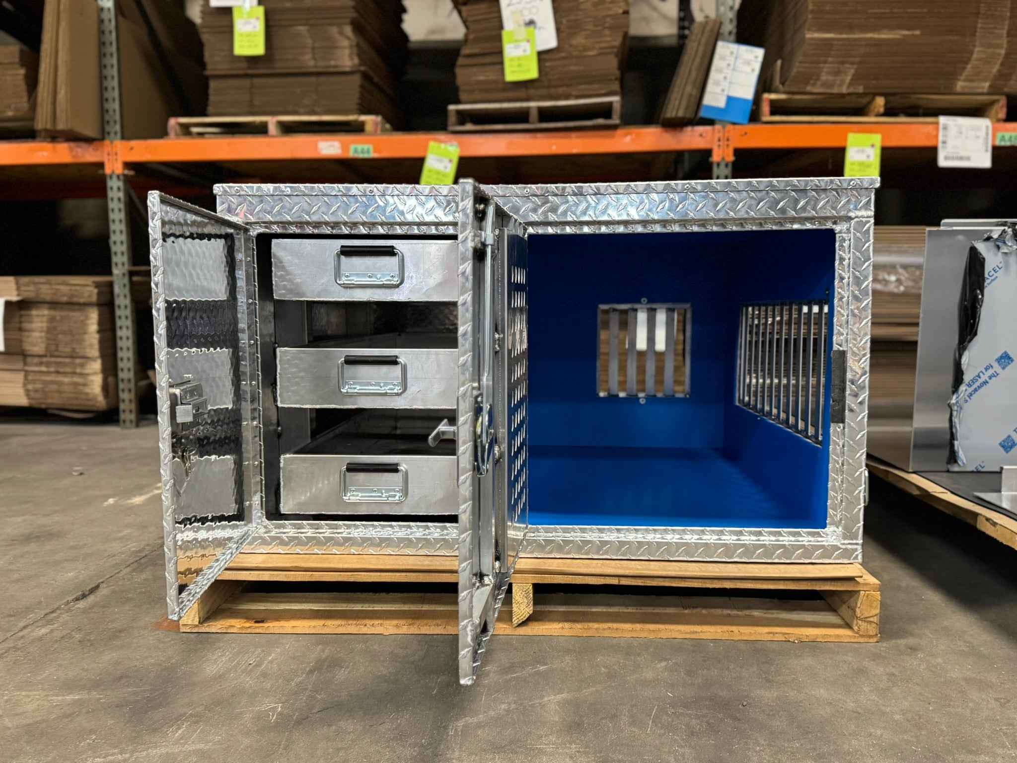 Dog Crate 55127 Professional K9 Series Search & Rescue / Single Compartment / Side Drawer Storage / 47 W X 45 D X 27 H / All Season Vents / Bright / Diamond Tread Aluminum / Owens Products Professional K9 Series Owens Products