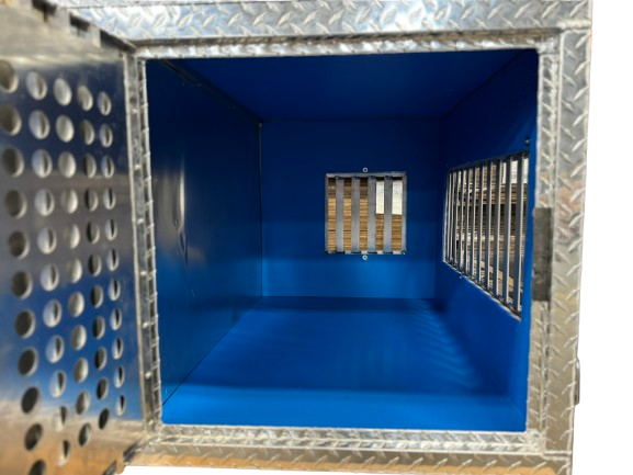 Dog Crate 55127 Professional K9 Series Search & Rescue / Single Compartment / Side Drawer Storage / 47 W X 45 D X 27 H / All Season Vents / Bright / Diamond Tread Aluminum / Owens Products Professional K9 Series Owens Products