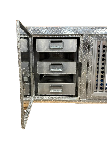 Dog Crate 55127 Professional K9 Series Search & Rescue / Single Compartment / Side Drawer Storage / 47 W X 45 D X 27 H / All Season Vents / Bright / Diamond Tread Aluminum / Owens Products Professional K9 Series Owens Products
