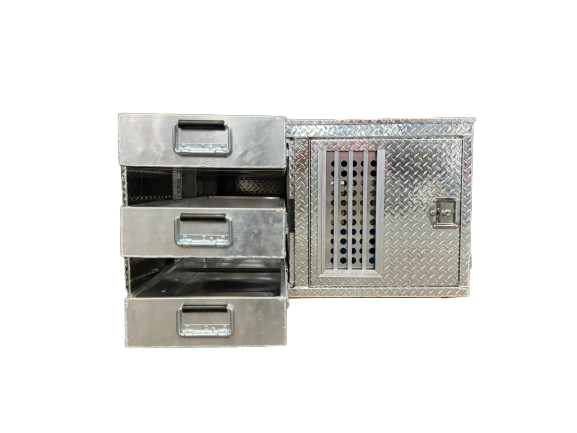 Dog Crate 55127 Professional K9 Series Search & Rescue / Single Compartment / Side Drawer Storage / 47 W X 45 D X 27 H / All Season Vents / Bright / Diamond Tread Aluminum / Owens Products Professional K9 Series Owens Products