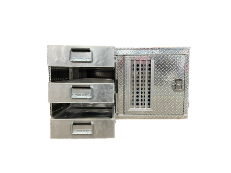 Dog Crate 55127 Professional K9 Series Search & Rescue / Single Compartment / Side Drawer Storage / 47 W X 45 D X 27 H / All Season Vents / Bright / Diamond Tread Aluminum / Owens Products Professional K9 Series Owens Products