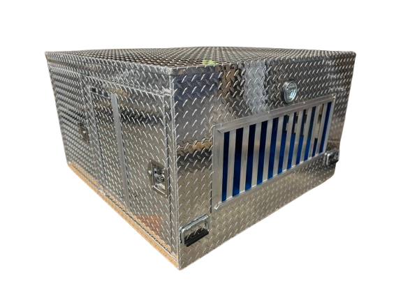 Dog Crate 55127 Professional K9 Series Search & Rescue / Single Compartment / Side Drawer Storage / 47 W X 45 D X 27 H / All Season Vents / Bright / Diamond Tread Aluminum / Owens Products Professional K9 Series Owens Products