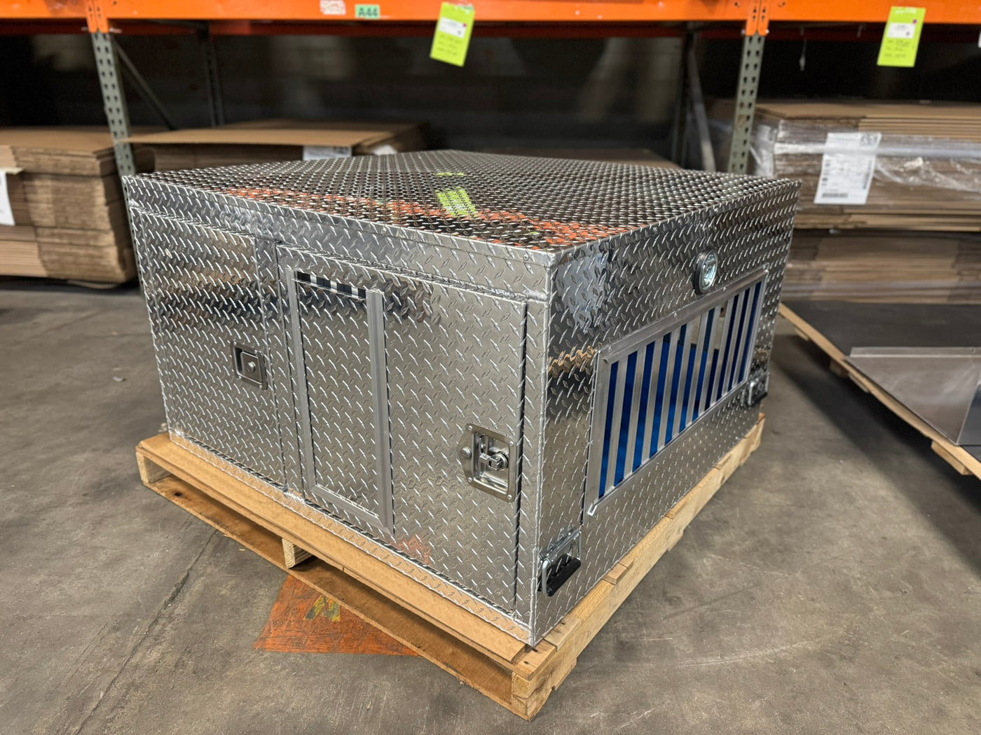 Dog Crate 55127 Professional K9 Series Search & Rescue / Single Compartment / Side Drawer Storage / 47 W X 45 D X 27 H / All Season Vents / Bright / Diamond Tread Aluminum / Owens Products Professional K9 Series Owens Products