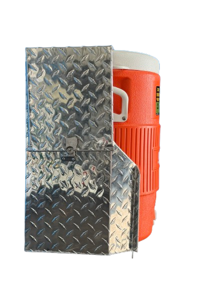 RaceMates 39206T Truck Mount Drink Water Cooler Holder with Lockable Lid / 5 Gallon Cooler Rack / Diamond Tread Aluminum / Owens Products RaceMate Owens Products