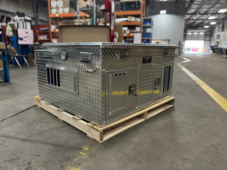 Dog Box 55006 Hunter Series Double Compartment with Top Storage / 48 W x 45 D x 26 H / Standard Vents / Diamond Tread Aluminum / Owens Products Hunter Series Owens Products