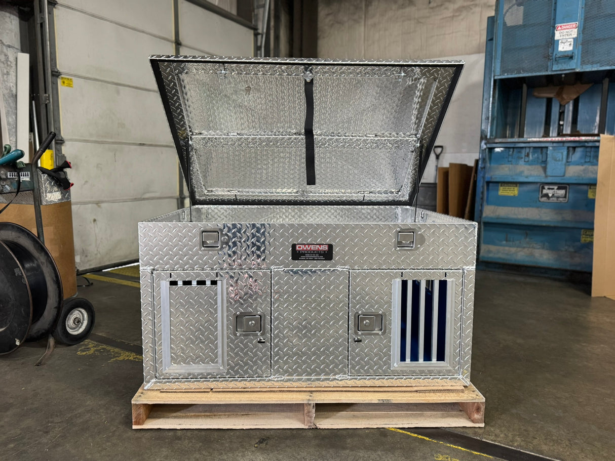 Dog Box 55030 Hunter Series Double Compartment with Top Storage / 48 W x 36 D x 26 H / Shallow / Standard Vents / Diamond Tread Aluminum / Owens Products Hunter Series Owens Products