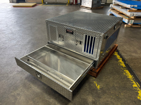 Dog Box 55022W Pro Hunter Series Double Compartment with Bottom Drawer / 46 W x 45 D x 26 H / All Seasons Vents / Diamond Tread Aluminum / Owens Products Pro Hunter Series Owens Products