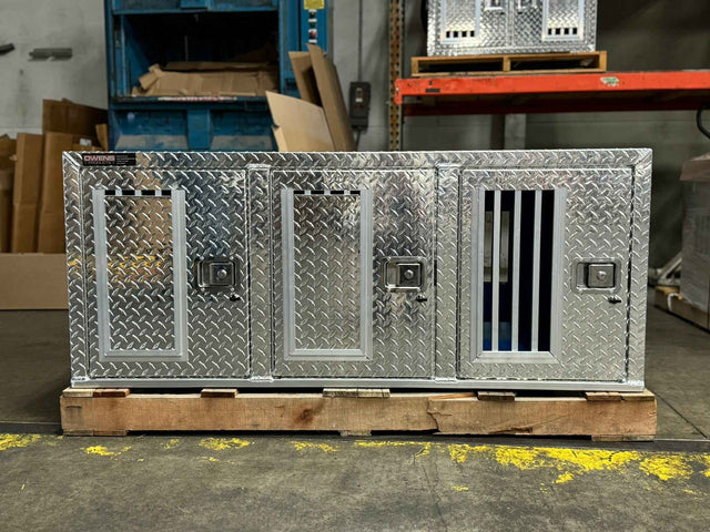 Dog Box 55114RV Hunter Series Tall Trailer Triple Compartment / 58 W X 40 D X 24 H / Right Swing Doors / Tall / Diamond Tread Aluminum / Owens Products