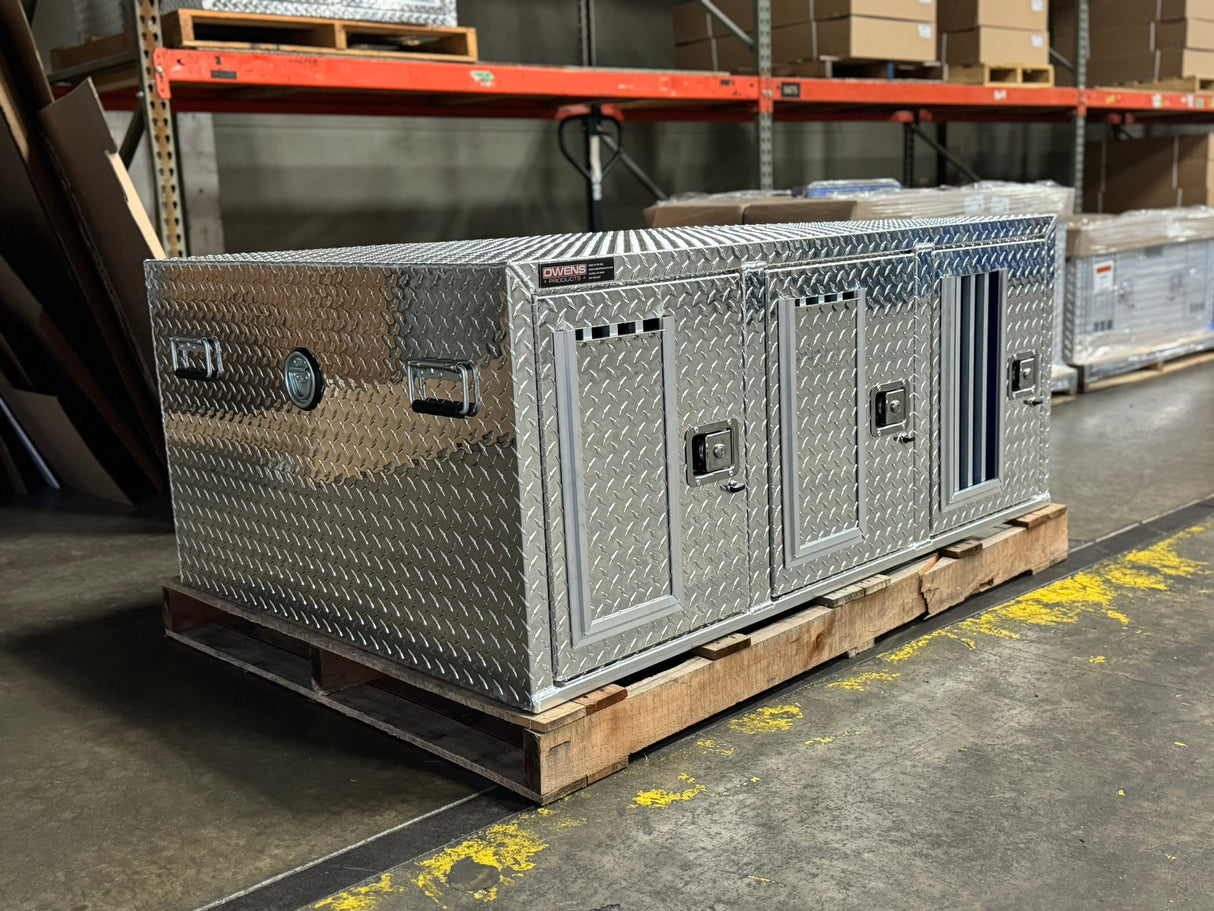 Dog Box 55114L Hunter Series Tall Trailer Triple Compartment / 58 W X 40 D X 24 H / Left Swing Doors / Tall / Diamond Tread Aluminum / Owens Products