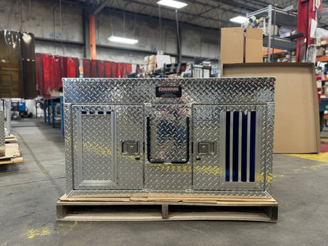 Dog Box 55060 Hunter Series Double Compartment / 48 W x 45 D x 28 H / Bear/Cat / Striker Holes / Diamond Tread Aluminum / Owens Products