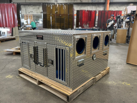 Dog Box 55060 Hunter Series Double Compartment / 48 W x 45 D x 28 H / Bear/Cat / Striker Holes / Diamond Tread Aluminum / Owens Products