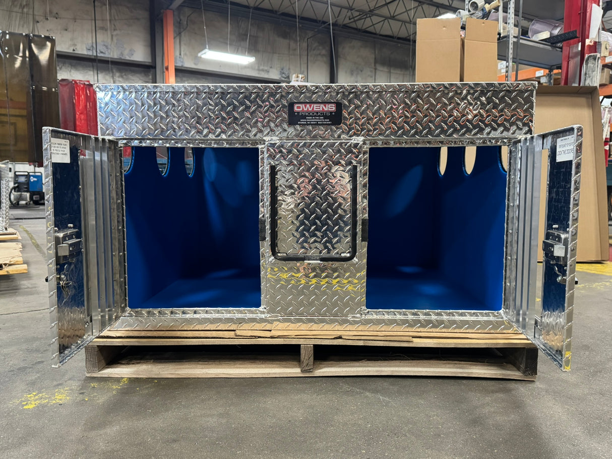 Dog Box 55060 Hunter Series Double Compartment / 48 W x 45 D x 28 H / Bear/Cat / Striker Holes / Diamond Tread Aluminum / Owens Products