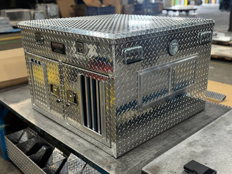 Dog Box 55078 Hunter Series Double Compartment with Top Storage / 38 W x 36 D x 26 H / Shallow / Standard Vents / Diamond Tread Aluminum / Owens Products Hunter Series Owens Products