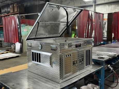 Dog Box 55078 Hunter Series Double Compartment with Top Storage / 38 W x 36 D x 26 H / Shallow / Standard Vents / Diamond Tread Aluminum / Owens Products Hunter Series Owens Products