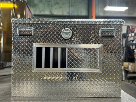 Dog Box 55078 Hunter Series Double Compartment with Top Storage / 38 W x 36 D x 26 H / Shallow / Standard Vents / Diamond Tread Aluminum / Owens Products Hunter Series Owens Products