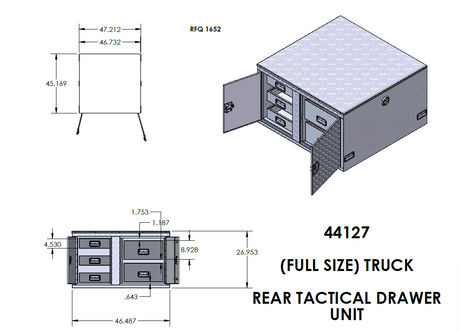 Truck Tool Box 44127 Drawer Rear Tactical / All Full Size Pick-Ups / 47 x 46 x 28 / Diamond Tread Aluminum / Bright / Owens Products Tool Box Owens Products